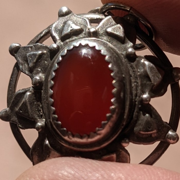 925 Silver Round Pendant Signed DKL Amber Color Oval Stone Open Geometric Design - Picture 2 of 12